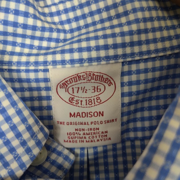 Brooks Brothers Shirt Adult Blue Check 171/2 - 36 Long Sleeve Oxford Men - Picture 2 of 7
